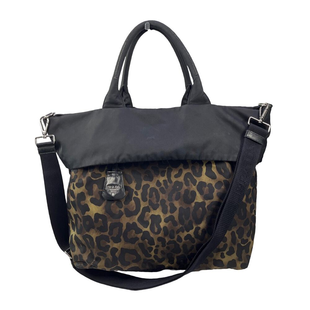 Prada Reversible Leopard Nylon Tote Crossbody Bag Black Convertible Large Logo
